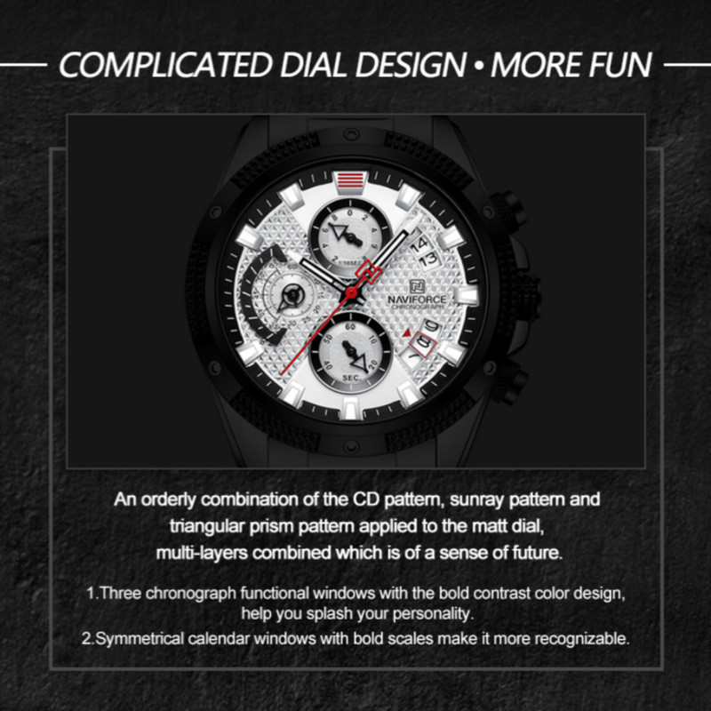 ساعت مچی عقربهای مردانه نیوی فورس مدل سه موتوره کرنوگراف NF8021-S/W ساعت مچی عقربهای مردانه نیوی فورس مدل سه موتوره کرنوگراف NF8021-S/W