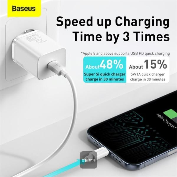 شارژر دیواری باسئوس مدل TZCCSUP-20W به همراه کابل تبدیل لایتنینگ