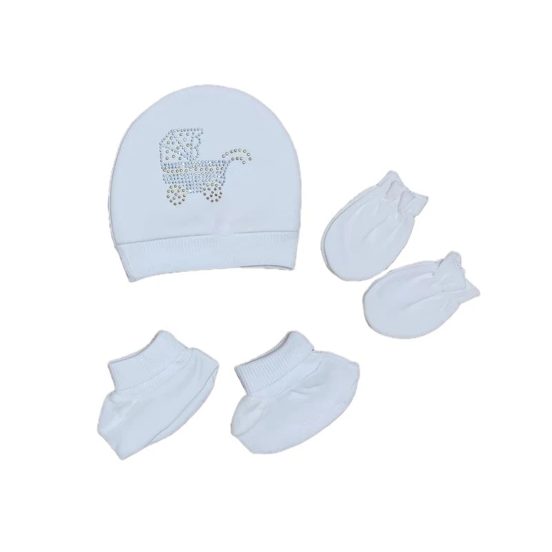 ست کلاه دستکش پاپوش نوزادی مدل MK رنگ سفید