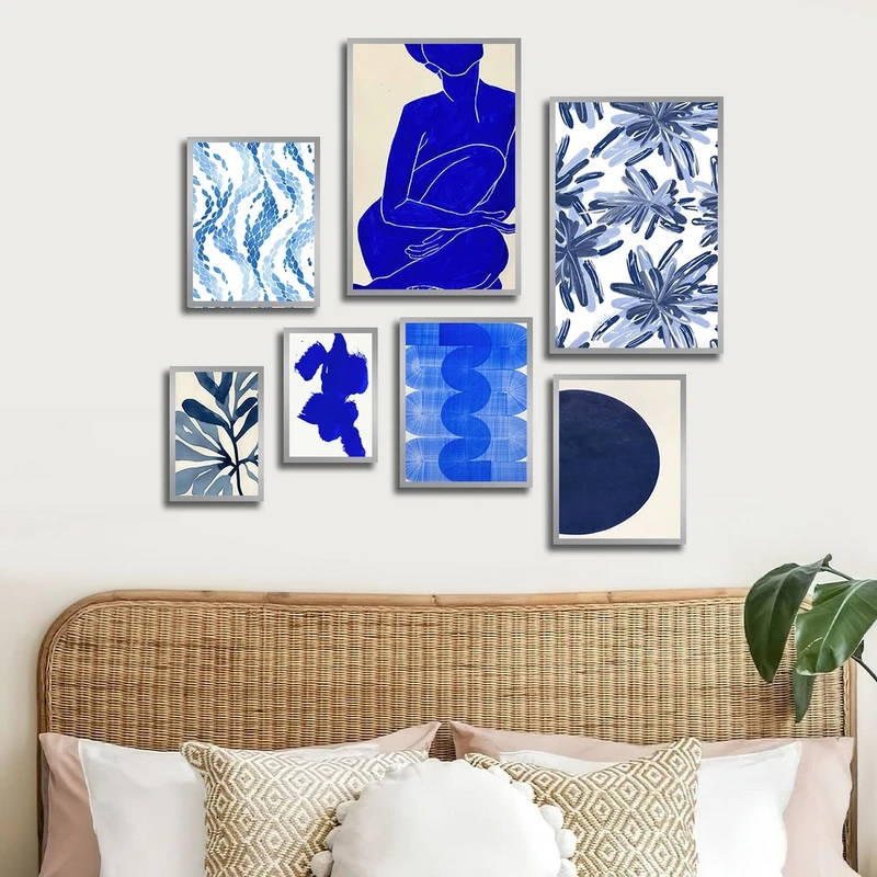 تابلو ساده بکلیت طرح نقاشی مینیمال مدل شاین اکلیلی SI-2675 فریم نقره ای مجموعه 7 عددی