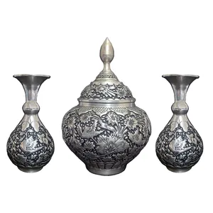 ست 3 تکه قندان و گلدان قلمزنی مسی مدل ریز نقش