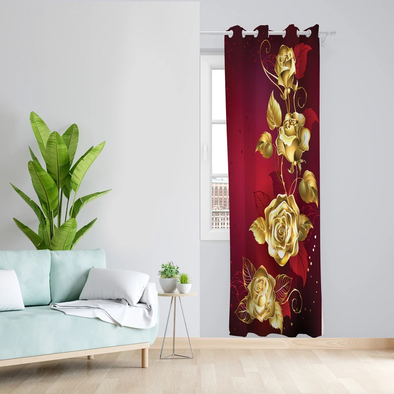 پرده طرح گل طلایی مدل مخمل پانچی کد L 1142R Z سایز 140x200 سانتی متر