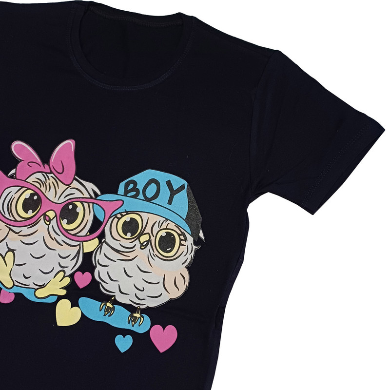 تی شرت آستین کوتاه زنانه مدل یقه گرد طرح جغدی جنس ویسکوز رنگ سورمه ای