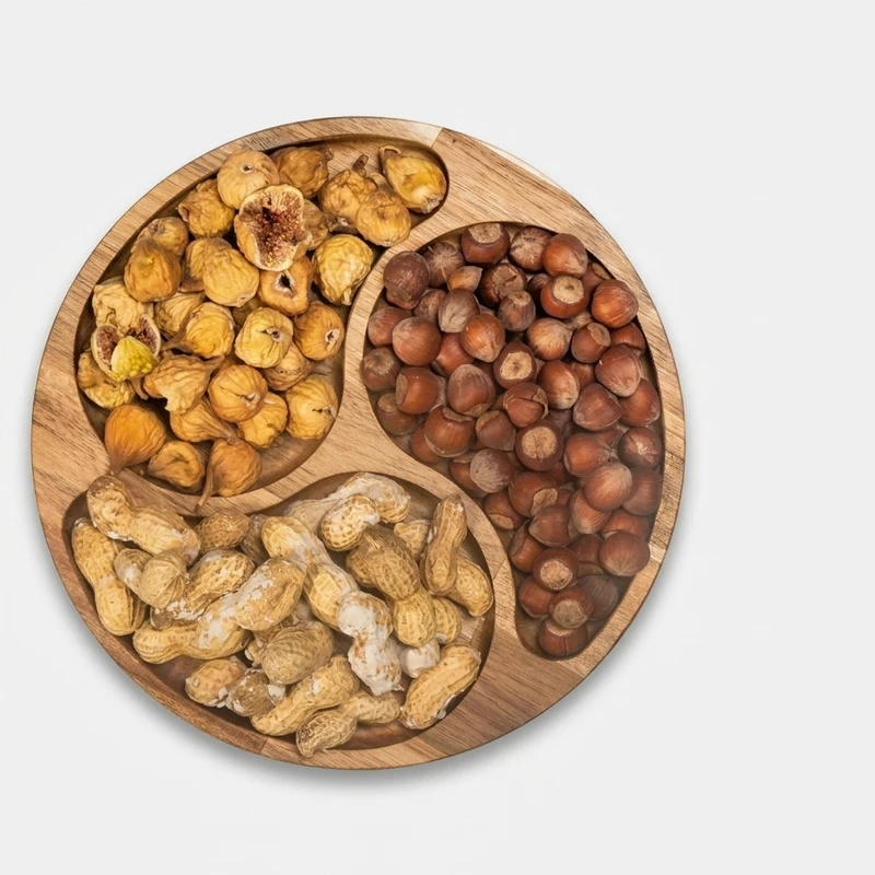 اردوخوری چوبی گردو مدل od07 با طراحی دایره ای، مناسب سرو تنقلات و پذیرایی، سبک و مقاوم، قابلیت شست وشو با دست
