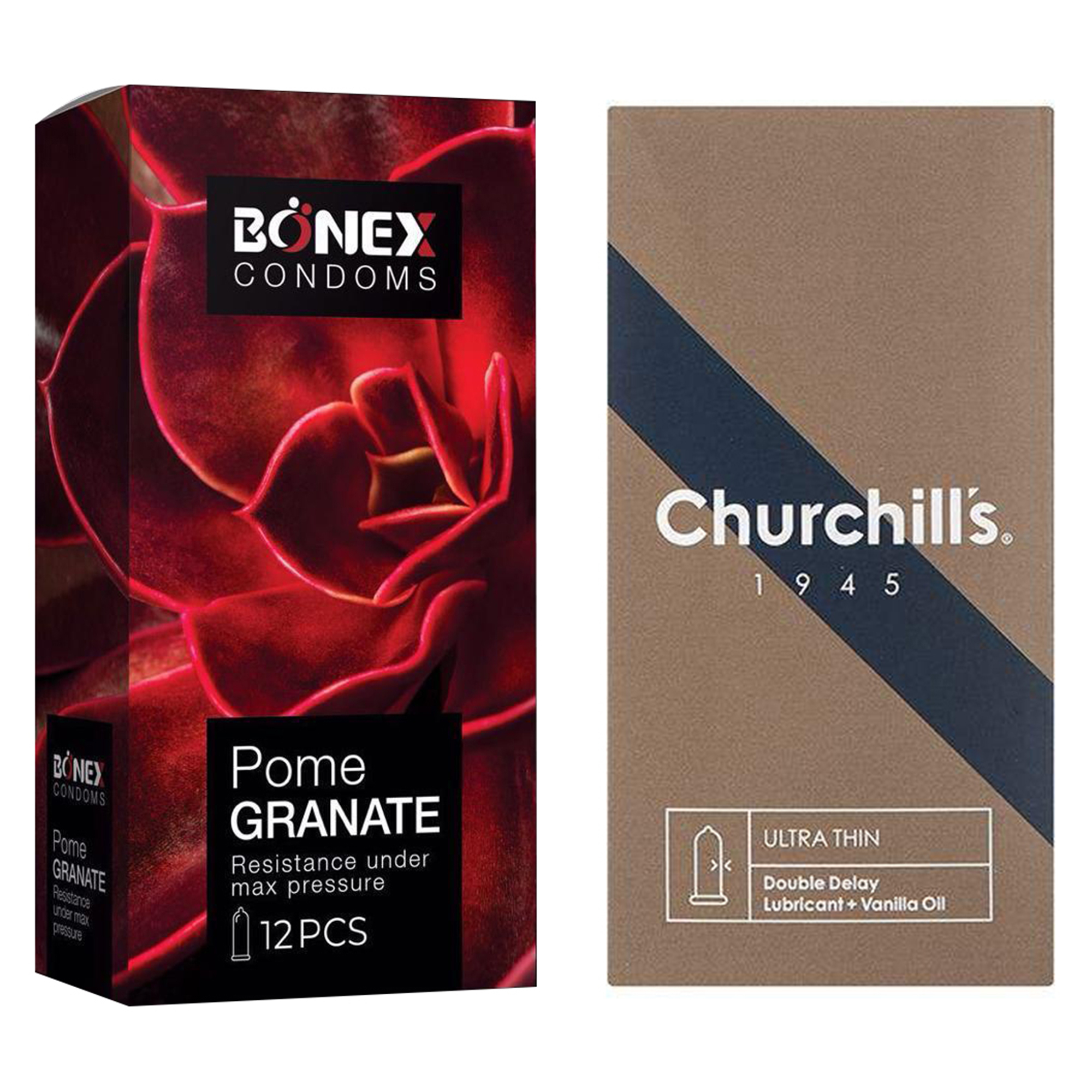 کاندوم چرچیلز مدل Ultra Thin Double Delay بسته 12 عددی به همراه کاندوم بونکس مدل Pome Granate بسته 12 عددی 
