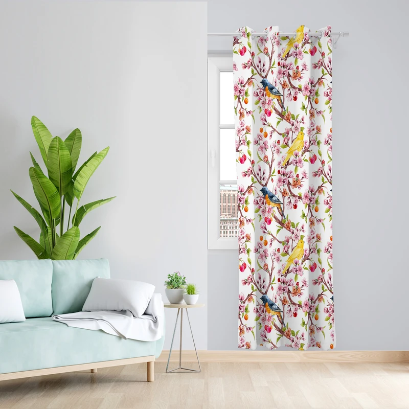 پرده طرح درخت و پرنده مدل مخمل پانچی کد L 1148R Z سایز 140x200 سانتی متر