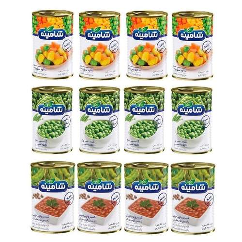 کنسرو نخود سبز، مخلوط سبزیجات، لوبیاچیتی با سس گوجه فرنگی شامینه - 350 گرم مجموعه 12 عددی