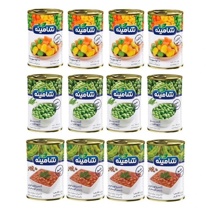 کنسرو نخود سبز، مخلوط سبزیجات، لوبیاچیتی با سس گوجه فرنگی شامینه - 350 گرم مجموعه 12 عددی