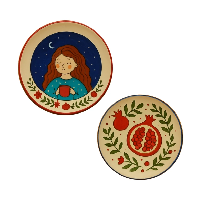 بشقاب دیوارکوب سفالی طرح شب یلدا کد D602 مجموعه دو عددی