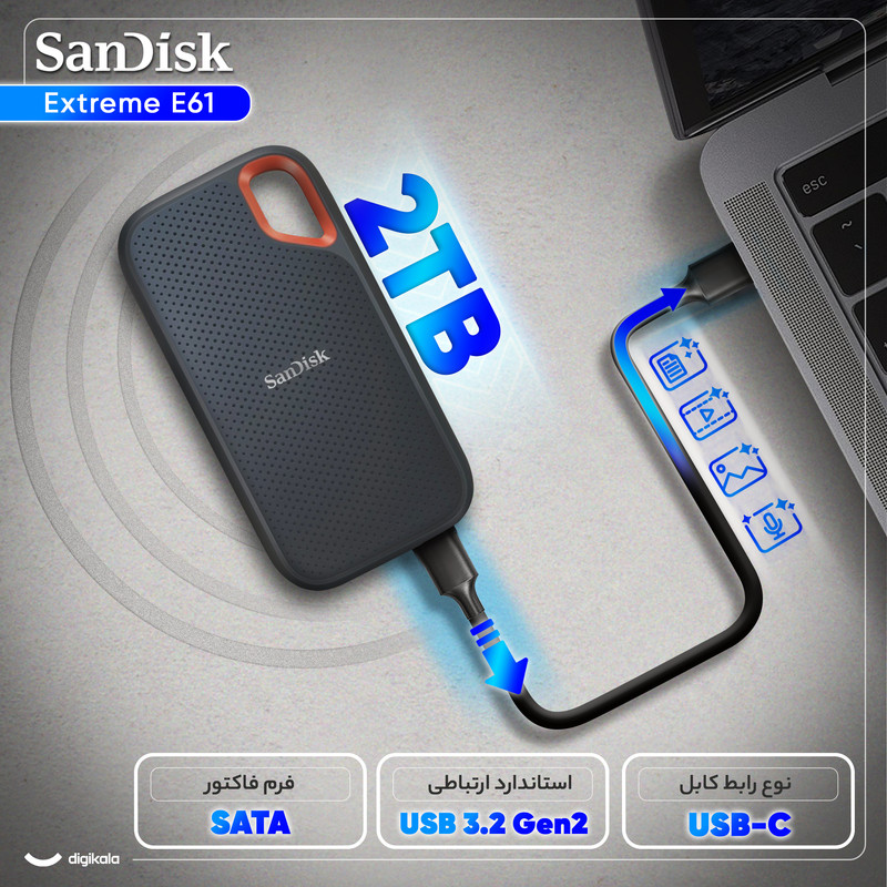 اس اس دی اکسترنال سن دیسک مدل Extreme E61 ظرفیت 2 ترابایت رابط USB 3.2 Gen2