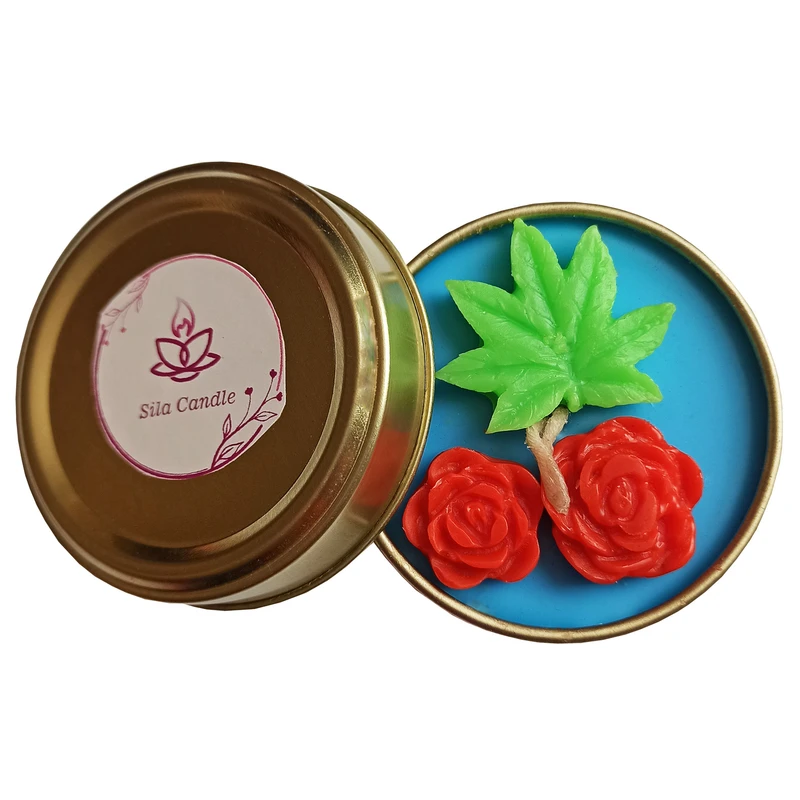 شمع معطر مدل قوطی فلزی طرح گل رز و برگ