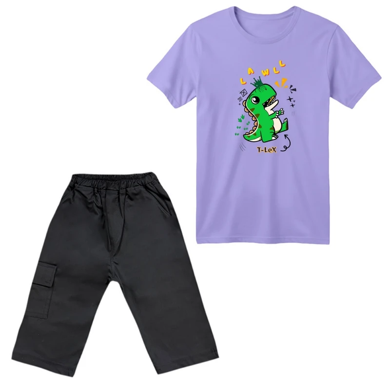 ست تی‌شرت آستین کوتاه و شلوارک پسرانه مدل دایناسور کد 38 رنگ یاسی