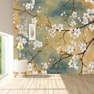 پوستر دیواری سه بعدی مدل شاخه شکوفه سفید زمینه پتینه DVRF2252