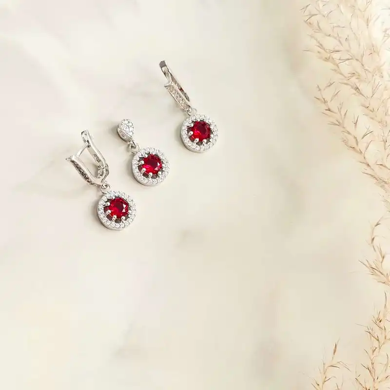 نیم ست نقره زنانه مدل تک نگین یاقوت BARF92