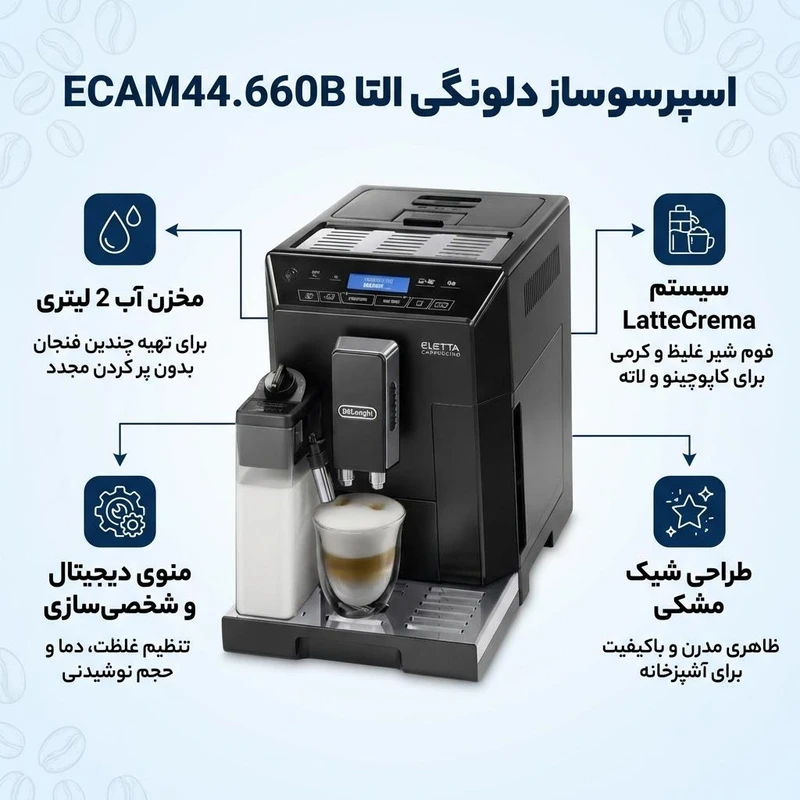 عکس شماره 2 : اسپرسو ساز خانگی 2 لیتری دلونگی مدل eletta ecam44.660b، تمام اتوماتیک با مصرف دانه قهوه، مناسب تهیه اسپرسو، کافه لاته، کاپوچینو، ماکیاتو و لانگو، دارای دو عدد نازل قهوه