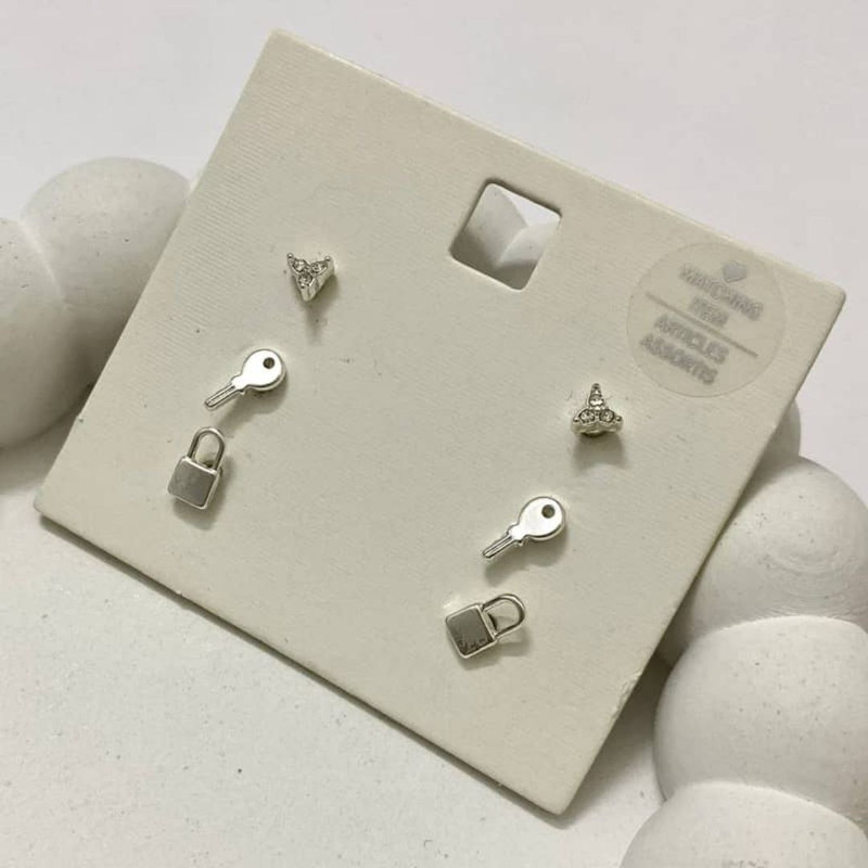 گوشواره دخترانه مدل قفل وکلید مجموعه 3عددی