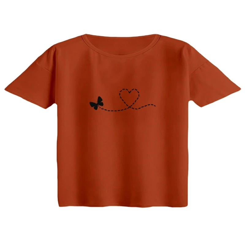 کراپ تی‌شرت آستین کوتاه زنانه مدل پروانه و قلب خطی رنگ آجری تیره