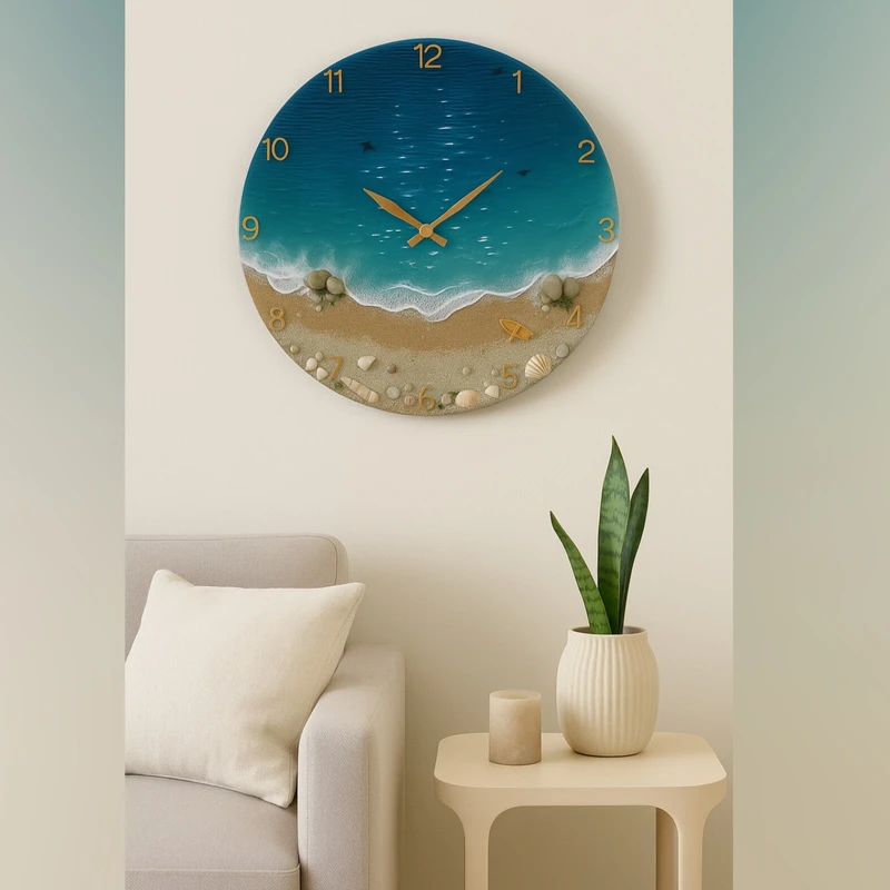 عکس شماره 8 : ساعت دیواری رزینی دست-ساز طرح دریا و ساحل طبیعی مدل موج