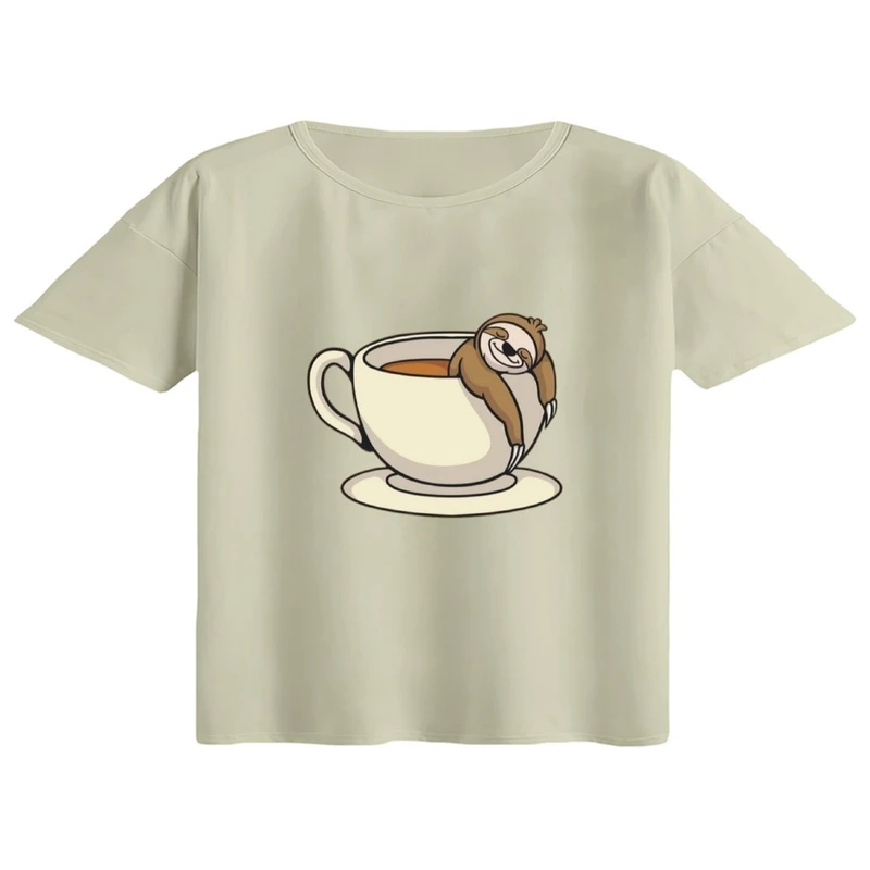 کراپ تی‌شرت آستین کوتاه زنانه مدل تنبل و قهوه کد 2