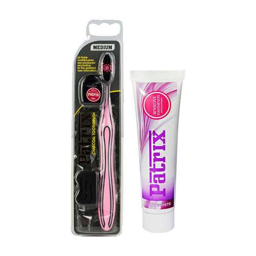 مسواک پاتریکس مدل ذغالی با برس متوسط به همراه نخ دندان و خمیر دندان پاتریکس مدل Sensitive وزن 120 گرم