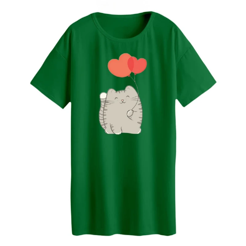 تی شرت لانگ زنانه مدل  گربه و بادکنک قلبی