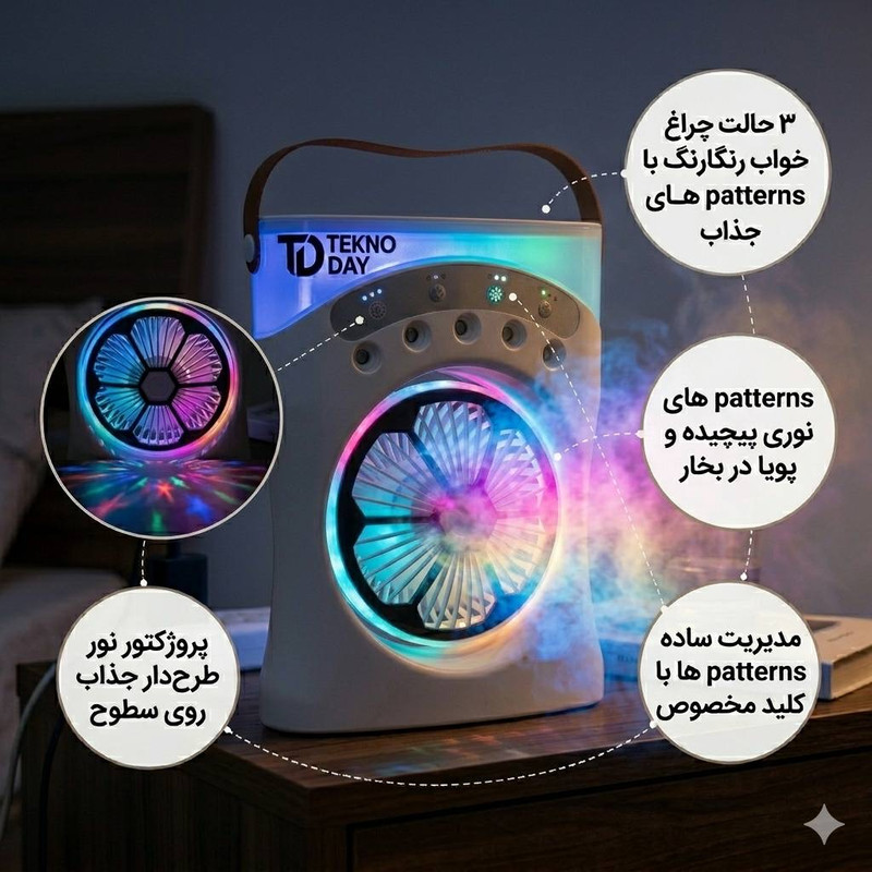پنکه شارژی تکنودی مدل مه پاش  new 2027 ظرفیت 3600 میلی آمپر ساعت