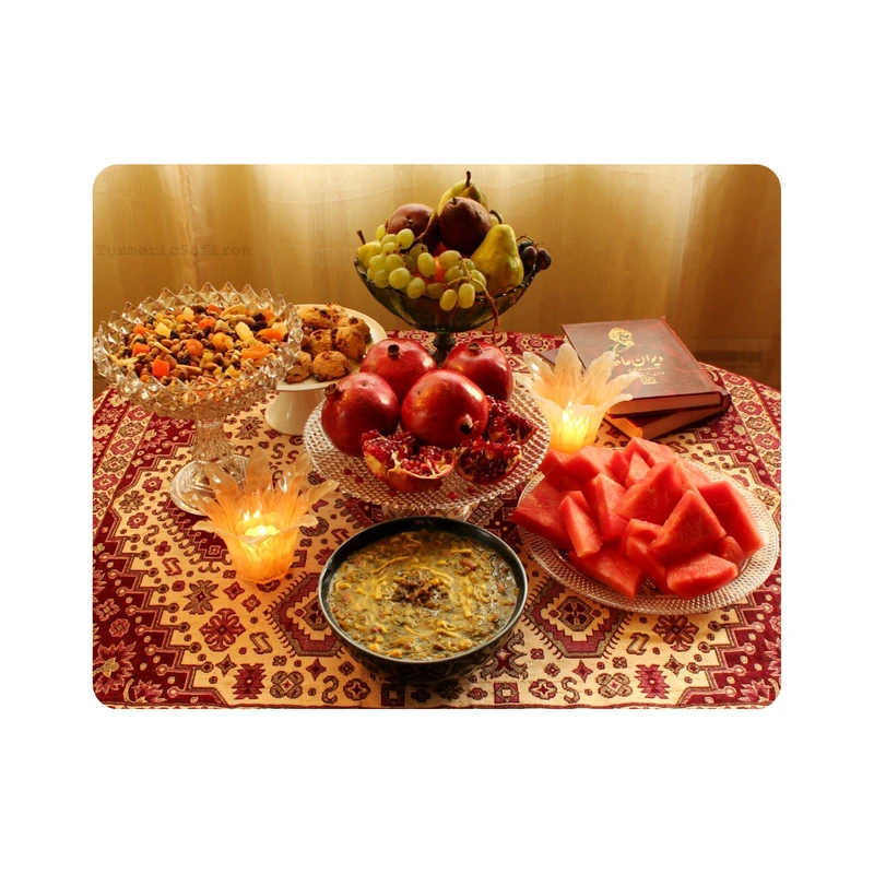 ماوس پد اطلس آبی طرح شب یلدا مبارک و هندوانه و انار و کتاب حافظ و آش و شمع و آجیل مدل T7307
