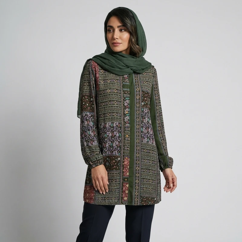 مانتو زنانه طرح اسلیمی آستین بلند نخی با دکمه مدل ترنج