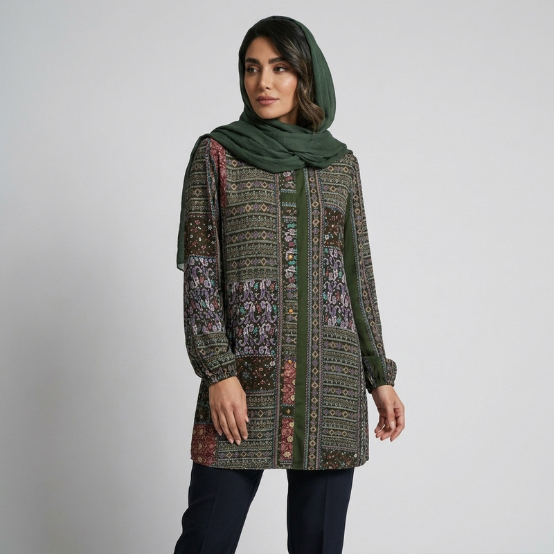 مانتو زنانه طرح اسلیمی آستین بلند نخی با دکمه مدل ترنج