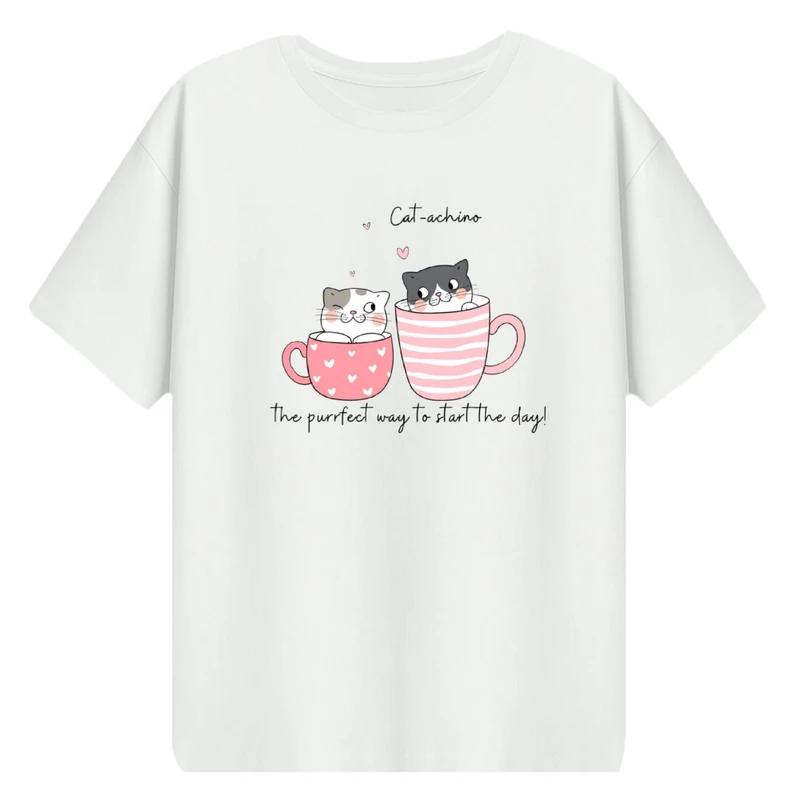 تی‌شرت اورسایز آستین کوتاه زنانه مدل باکسی طرح گربه ها و فنجون کد v15
