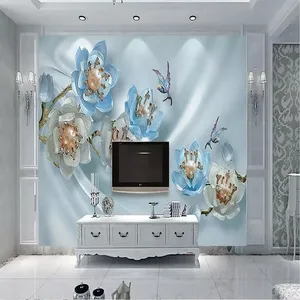 پوستر دیواری سه بعدی مدل گل برجسته آبی سفید زمینه ساتن DVRF1465