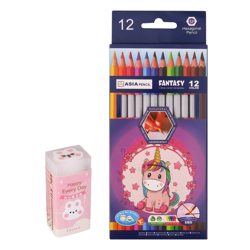 مداد رنگی 12 رنگ آسیا طرح کارتونی کد 00796 به همراه پاک کن