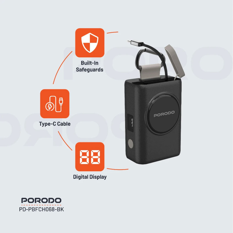 پاوربانک 45 وات پرودو مدل PB068 ظرفیت 10000 میلی‌آمپرساعت به همراه کابل USB-C و آویز کارابین