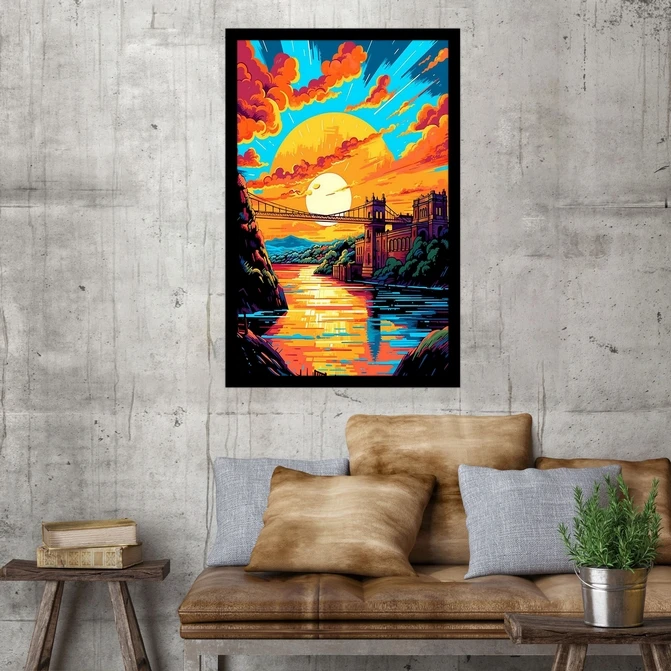 تابلو نوری بکلیت طرح نقاشی رنگ روغن آبستره منظره طبیعت و پل مدل B-MID-18075