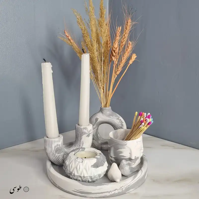 ست 5 تکه جاشمعی و گلدان بتنی طرح دونات مدل یسنا