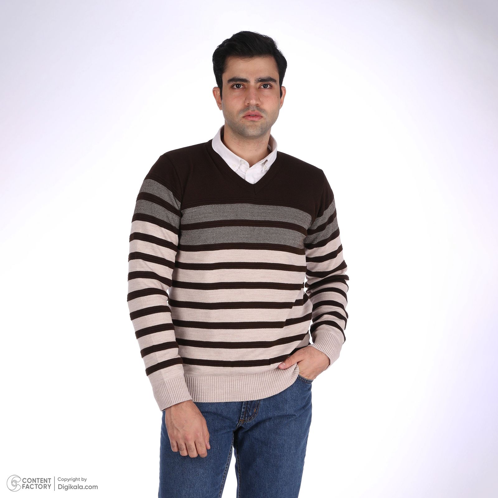 پلیور مردانه تریکو پاییزان مدل H700 یقه هفت رنگ کِرِم -  - 2