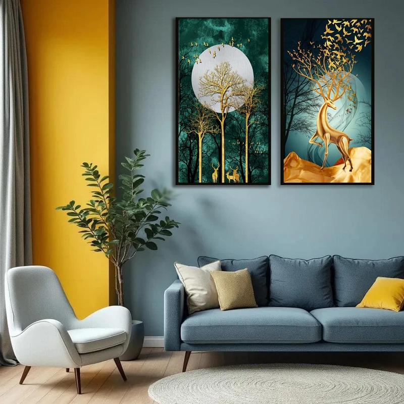 تابلو بکلیت طرح مدرن و طبیعت و گوزن و درخت مدل B-MR-1033 فریم مشکی مجموعه 2 عددی