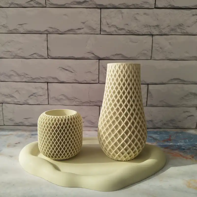 ست دو تکه گلدان و جاشمعی بتنی مدل سلینا به همراه سینی