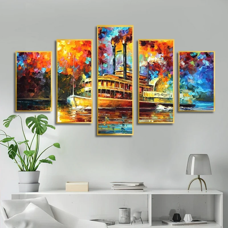 تابلو بکلیت طرح نقاشی رنگ روغن کشتی مدل T-2540 مجموعه 5 عددی