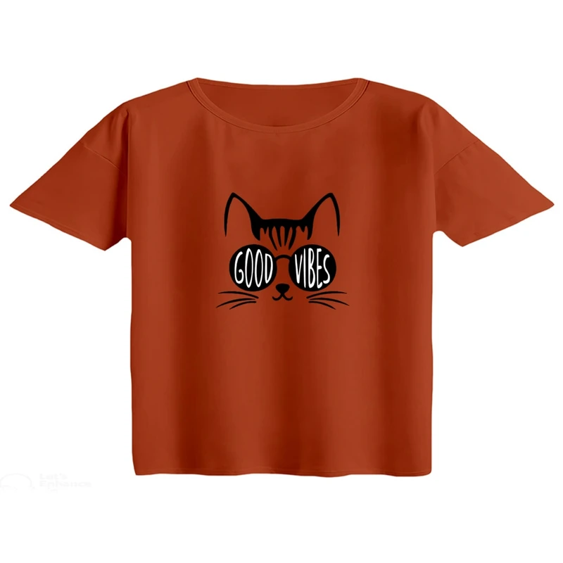 کراپ تی‌شرت آستین کوتاه زنانه مدل گربه کد 05  