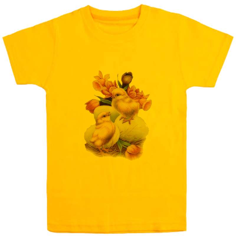 تی شرت آستین کوتاه دخترانه مدل جوجه وگل D14 رنگ زرد