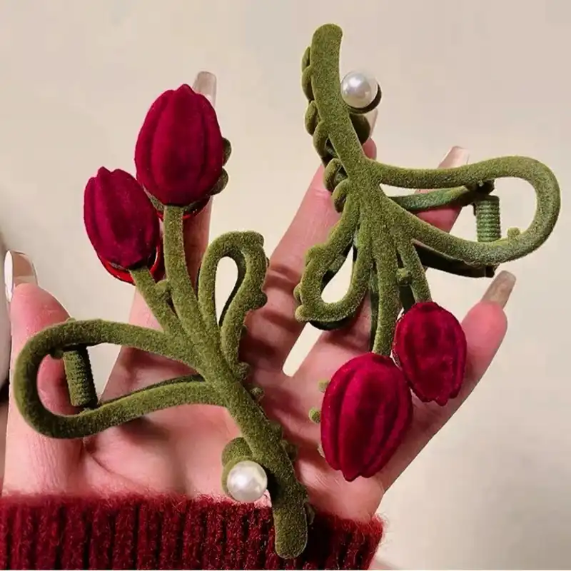 کلیپس مو زنانه مدل مجلسی طرح گل لاله مخمل