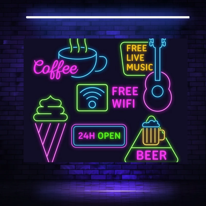 تابلو بوم مخمل بلک لایت طرح کافه نئون مدل دیپ کد BK23330