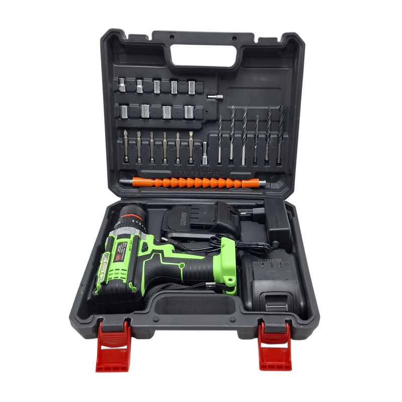 دریل چکشی شارژی صنعتی سه نظام فلزی 10 میلی متری 36 ولت باس مدل BS_5001 مجموعه 28 عددی