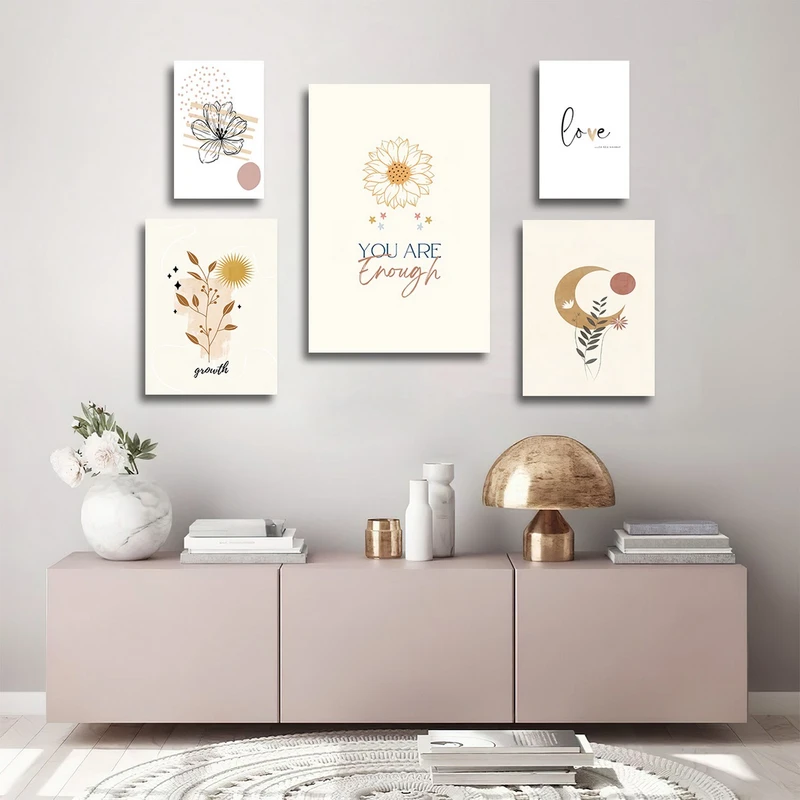 تابلو شاسی بکلیت طرح نقاشی مینیمال ماه و گل آفتابگردان مدل SH-3067 مجموعه 5 عددی