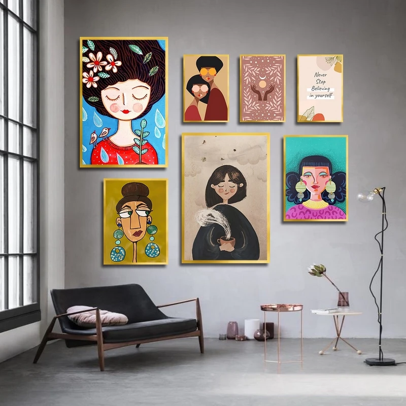 تابلو بکلیت طرح دخترانه نقاشی مینیمال و استایل مدل T-2349 مجموعه 7 عددی