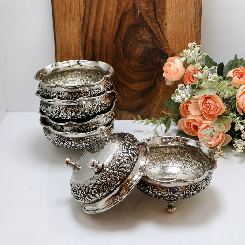 آجیل خوری مسی مدل پیاله آجیل خوری مسی کروم کد 1392 مجموعه 6 عددی