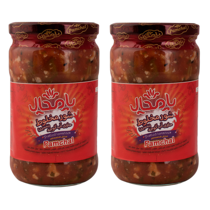 ترشی شور مخلوط تخمیری حاوی آب و گوجه پامچال -650 گرم مجموعه 2 عددی