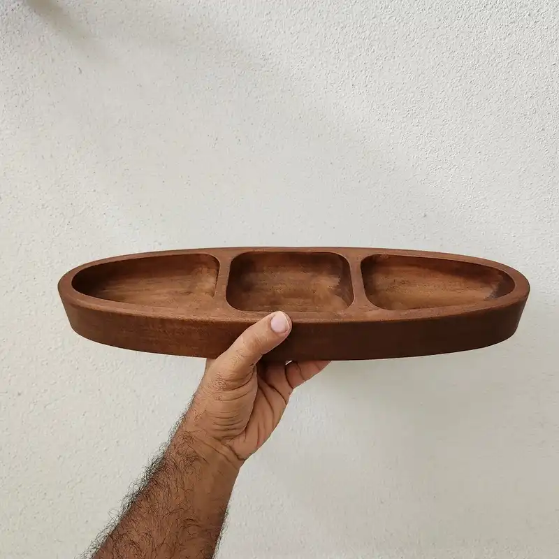 ظرف سرو چوبی گردوچ مدل قایقی سه خونه کد DK - 5000