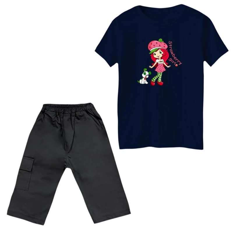 ست تی‌شرت و شلوارک دخترانه مدل دخترک توت فرنگی رنگ سرمه ای